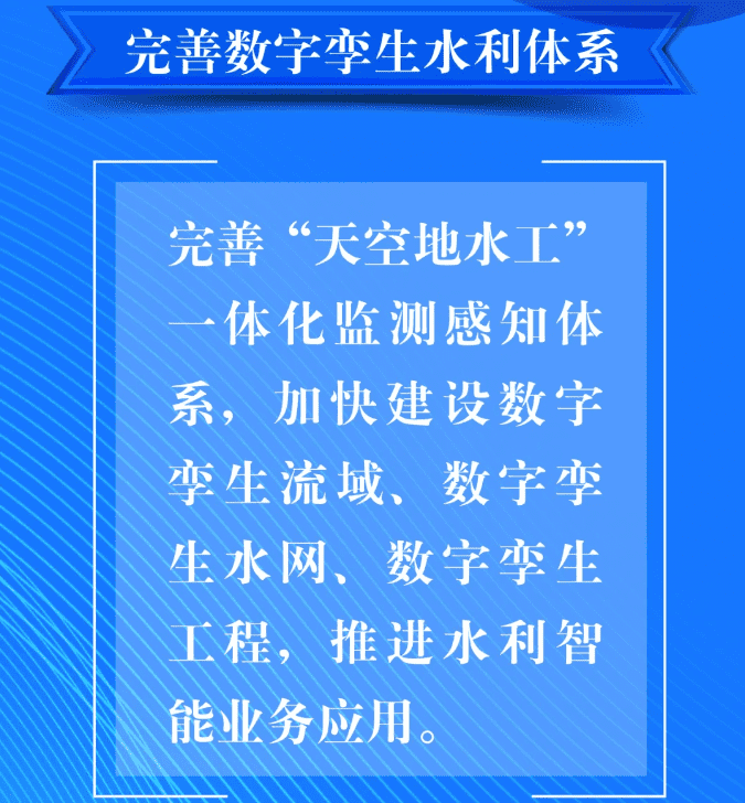 四、要完善數字孿生水利體系。完善“天空地水工”一體化監測感知體系，加快建設數字孿生流域、數字孿生水網、數字孿生工程，推進水利智能業務應用。.png