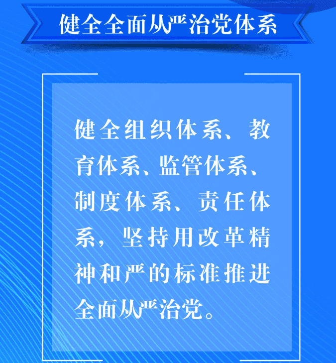 八、要健全全面從嚴治黨體系。健全組織體系、教育體系、監管體系、制度體系、責任體系，堅持用改革精神和嚴的標準推進全面從嚴治黨。.png