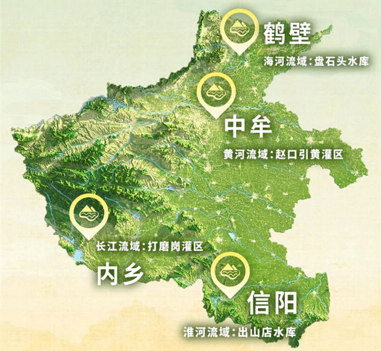 黃河流域趙口引黃灌區、淮河流域出山店水庫、海河流域盤石頭水庫、長江流域打磨崗灌區分布位置圖，讓我們一起走進這四大流域的水庫灌區，見證我國中原糧倉背后的“水利力量”。.jpg
